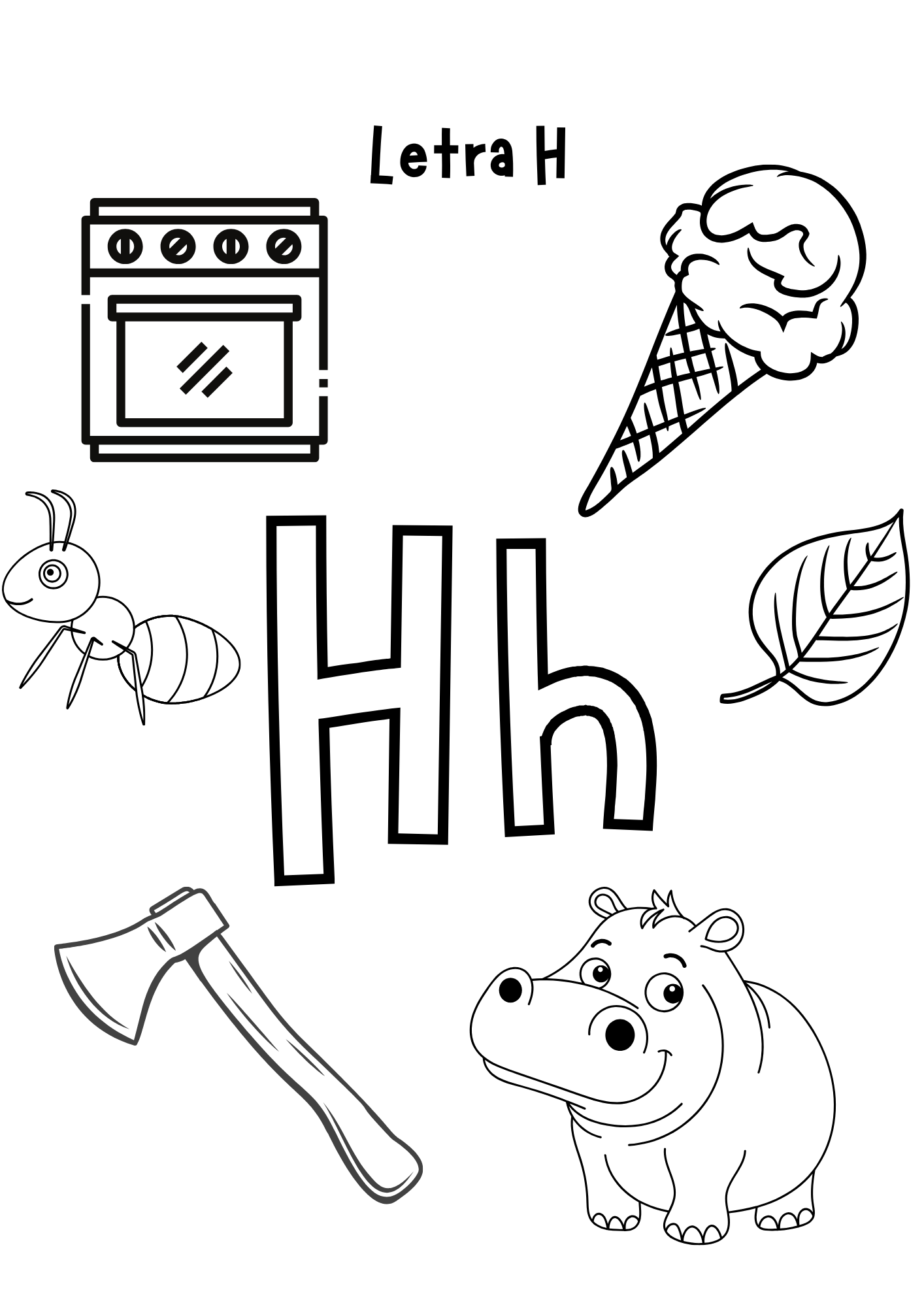 Hoja para colorear H con horno, helado, hoja, hacha, hormiga y hipopótamo