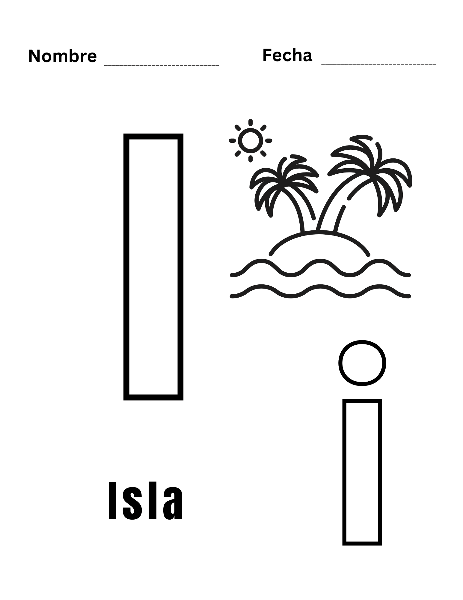 Hoja para colorear letra I con imagen de isla tropical para asociar sonido inicial