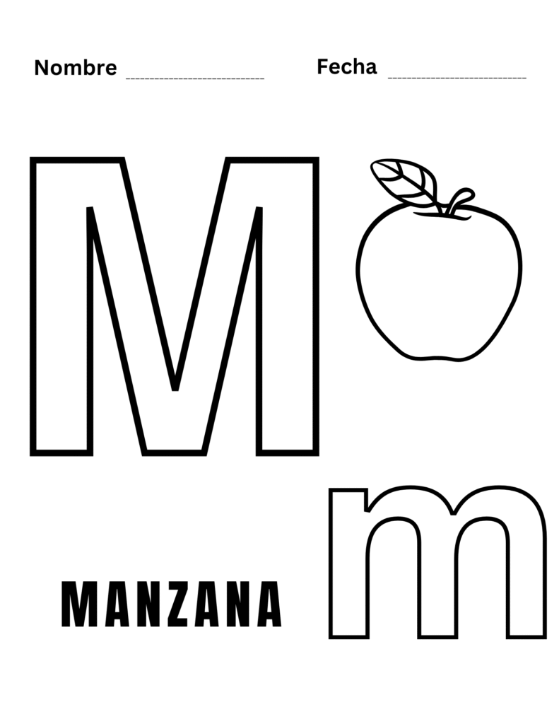 Hoja para colorear M con dibujo de manzana y letras para niños.