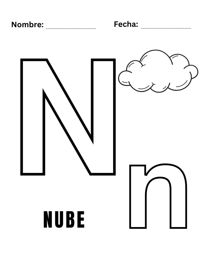 Hoja para colorear letra N - Nube