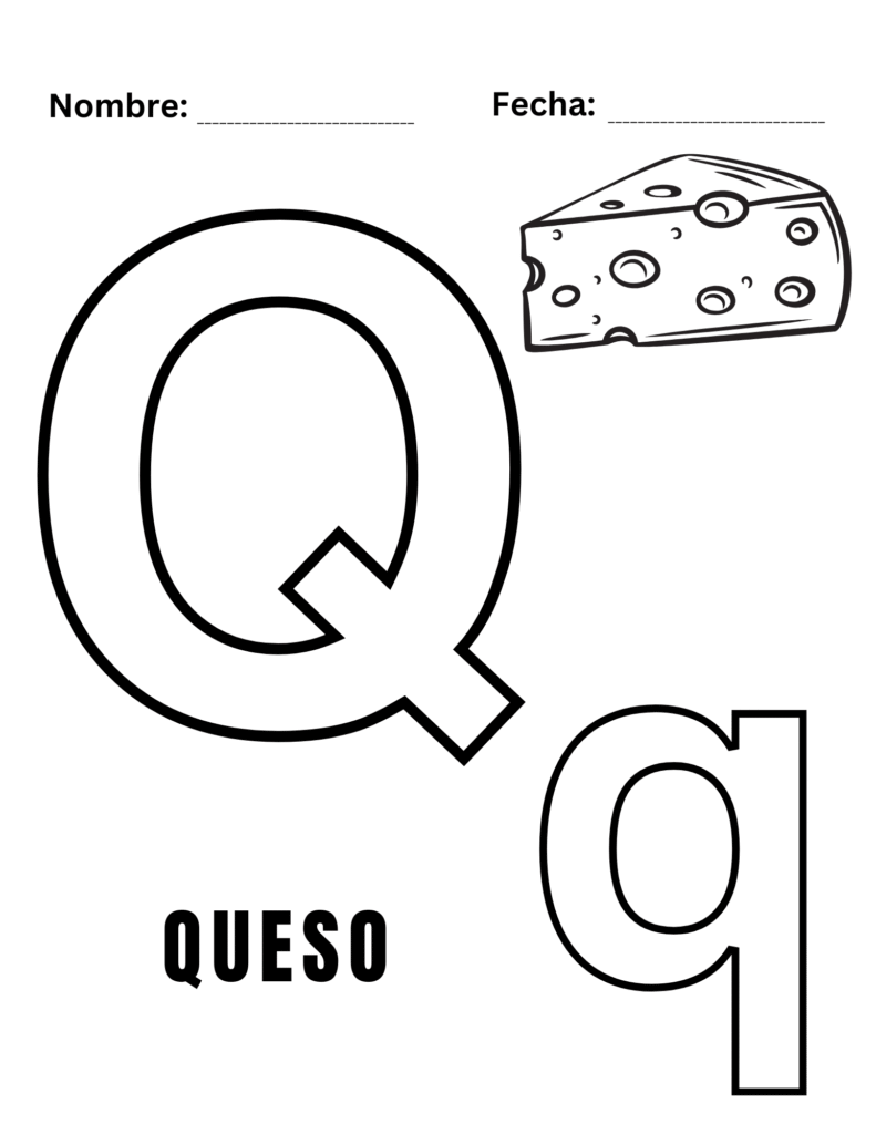 Hoja para colorear letra Q - Queso