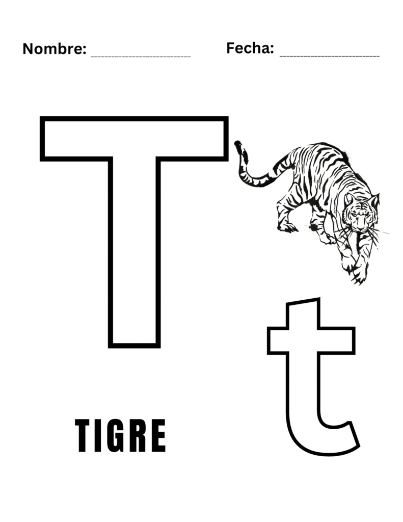 Hoja para colorear letra T - Tigre