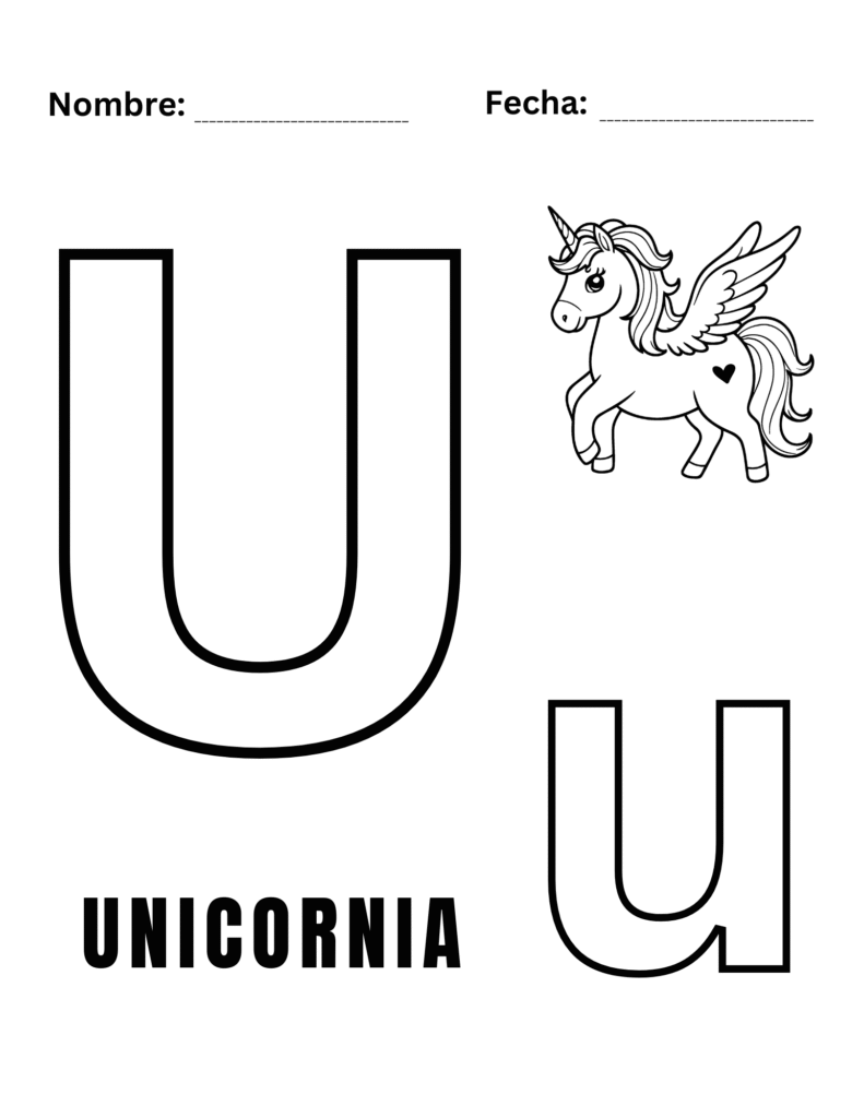 Hoja para colorear letra U - unicornia