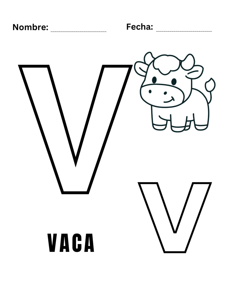 Hoja para colorear letra V - Vaca