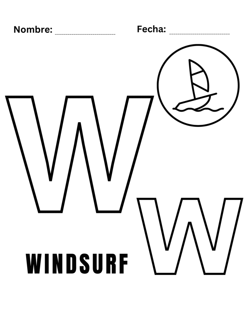Hoja para colorear W con imagen de windsurf y letras grandes para colorear.
