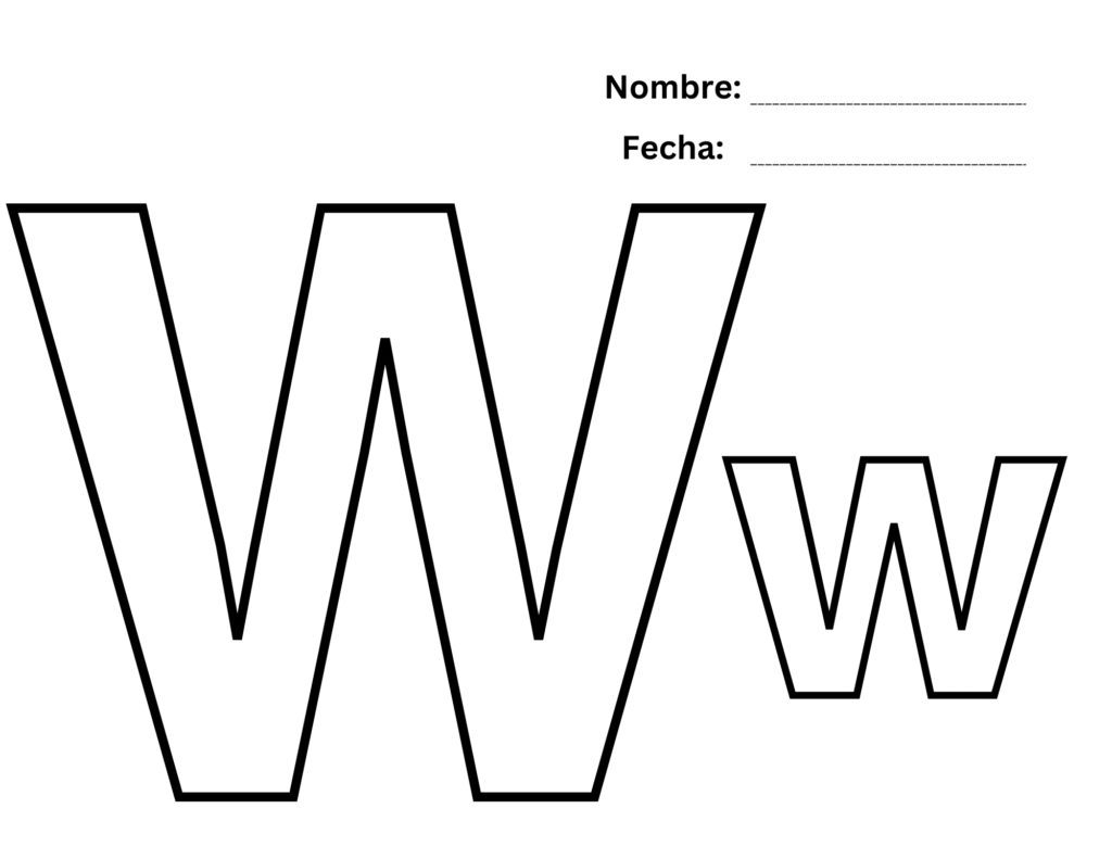Hoja para colorear W básica con letras grandes para colorear y espacio para nombre y fecha.