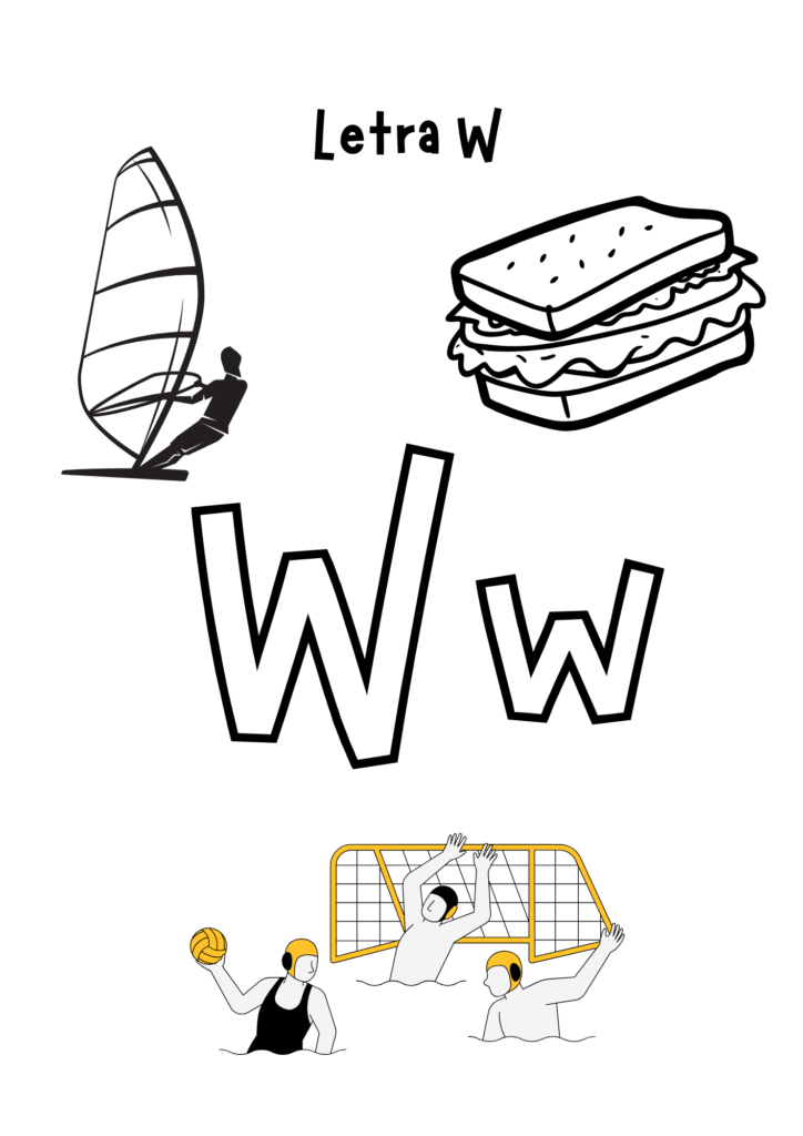 Hoja para colorear W con imágenes de windsurf, waffle y waterpolo para reconocer sonidos iniciales.