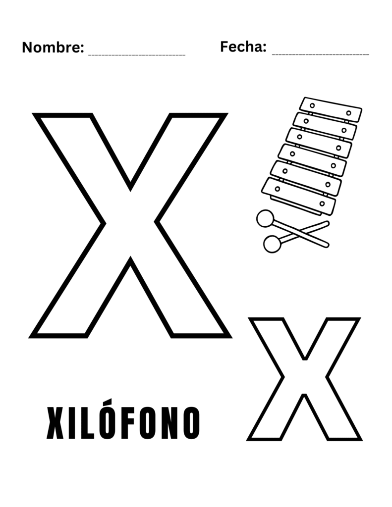 Plantilla con letra X grande, xilófono y la palabra “XILÓFONO” para colorear.