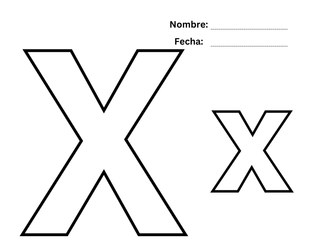 Plantilla con letra X grande y espacio para nombre y fecha.