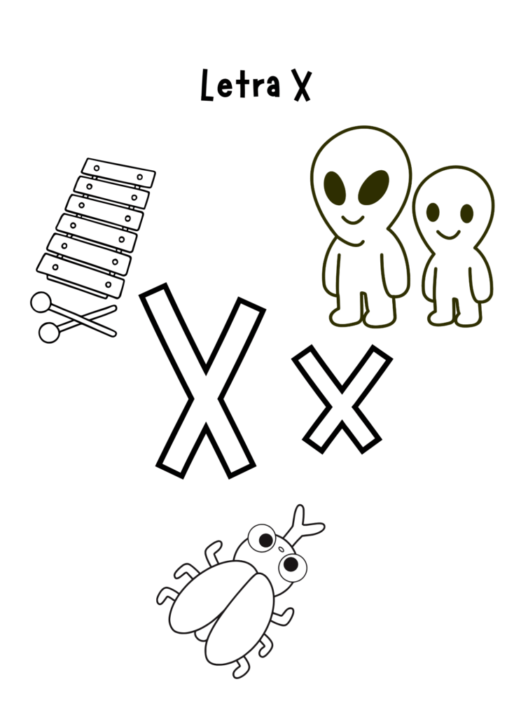 Plantilla con letra X, xilófono, extraterrestres e insecto para aprender sonidos iniciales.