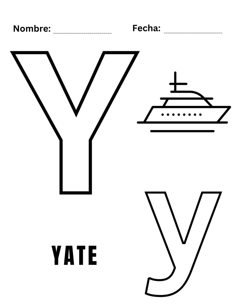Plantilla con letra Y grande, un yate y la palabra “YATE” para colorear.