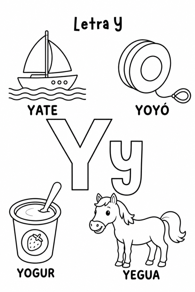 Hoja para colorear letra Y con yate yoyó yogur y yegua