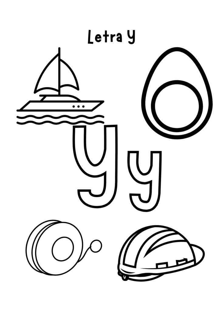 Plantilla con letra Y y dibujos de yate, yema, yo-yo y casco para aprender sonidos iniciales.