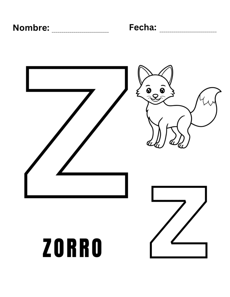 Plantilla con letra Z grande, dibujo de zorro y palabra “ZORRO” en mayúsculas para colorear.