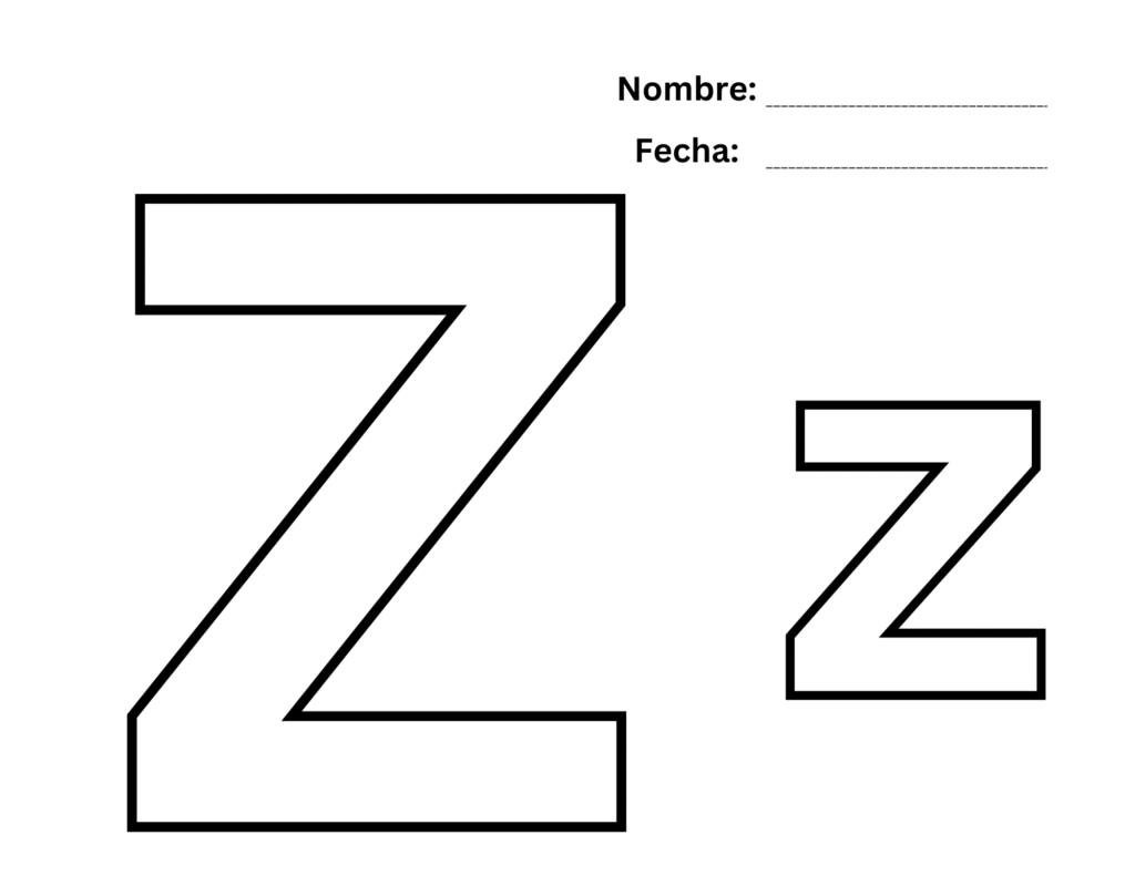 Plantilla con letra Z grande, espacio para nombre y fecha.