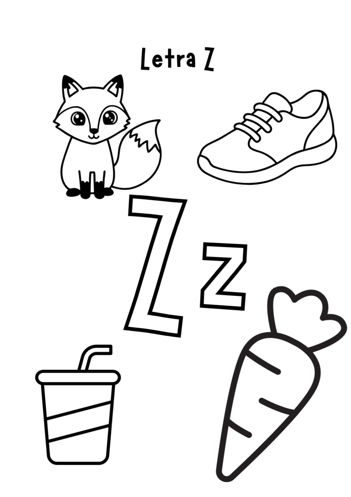 Plantilla con letra Z, dibujos de zorro, zanahoria, zumo y zapatos para aprender sonidos iniciales.