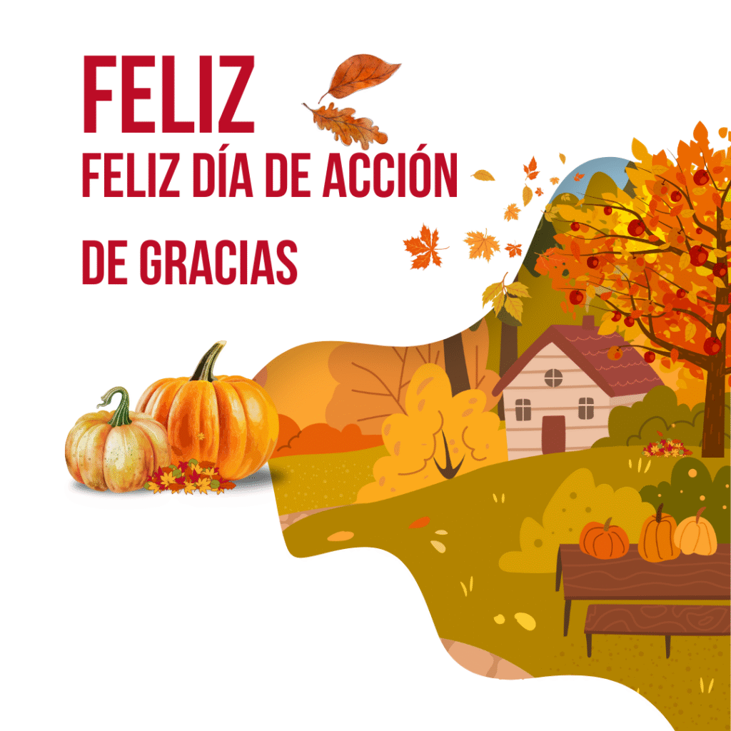feliz día de acción de gracias imagen con paisaje otoñal y calabazas

