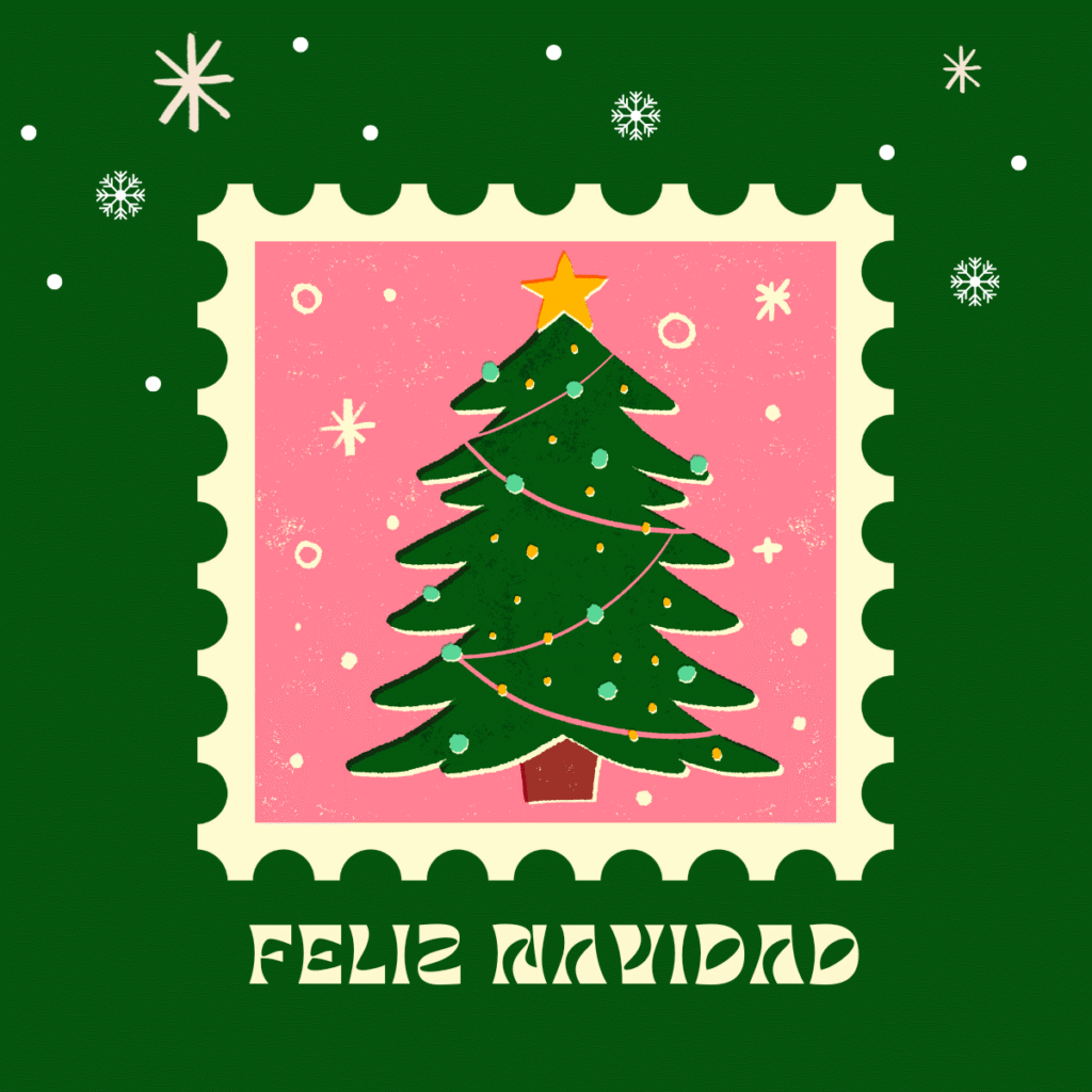 Ilustración de árbol de Navidad con texto Feliz Navidad 2025 sobre fondo rosado y verde.