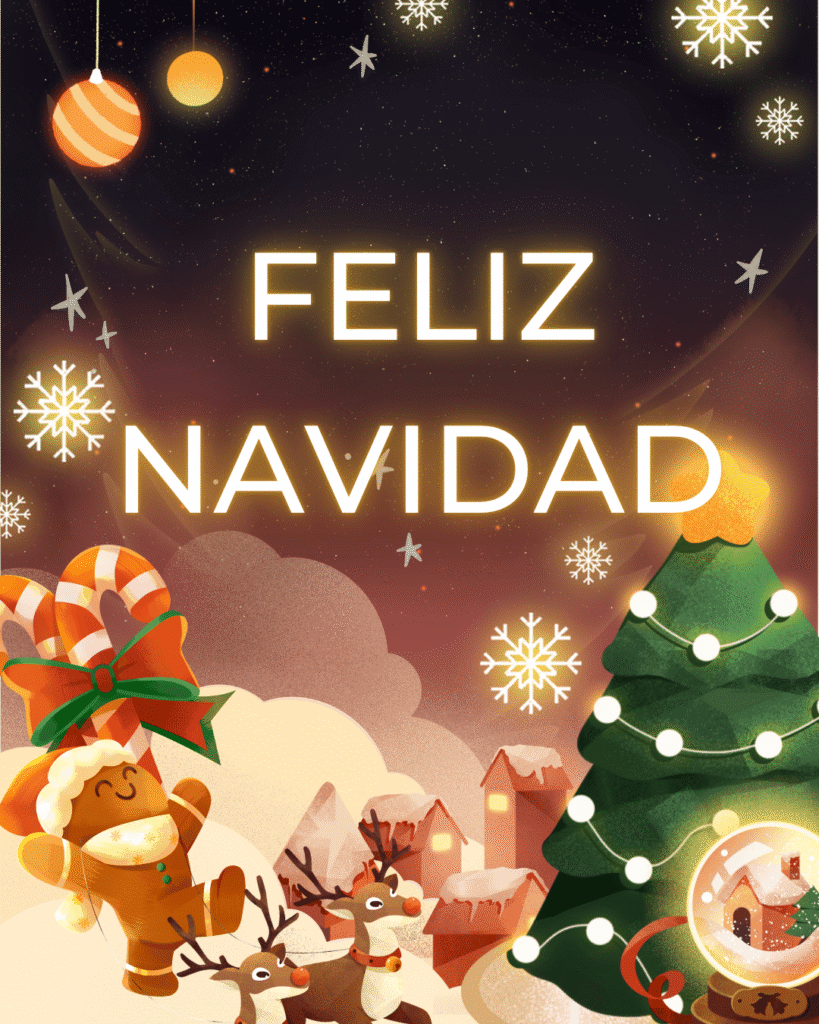 Árbol de Navidad iluminado, renos y dulces en una noche mágica de Navidad 2025.