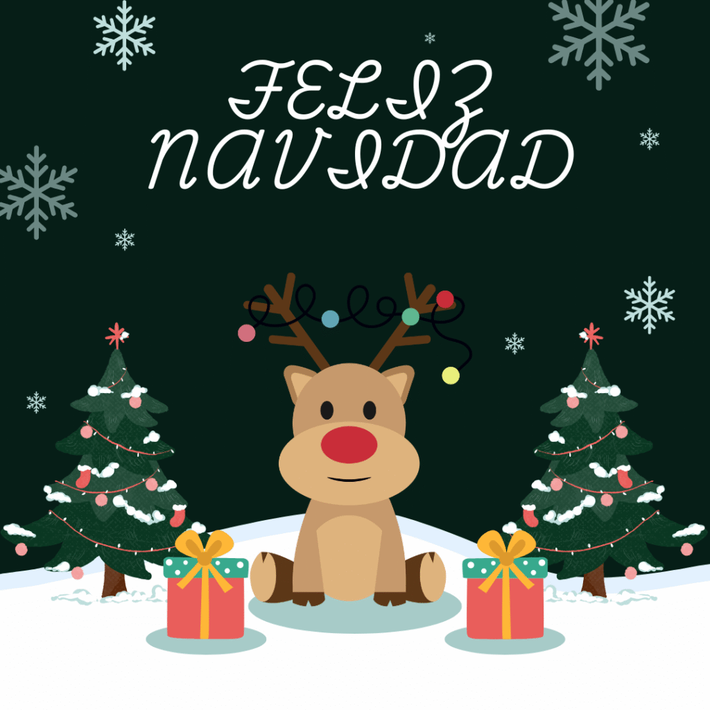 Reno con nariz roja rodeado de regalos y árboles decorados en Navidad 2025.