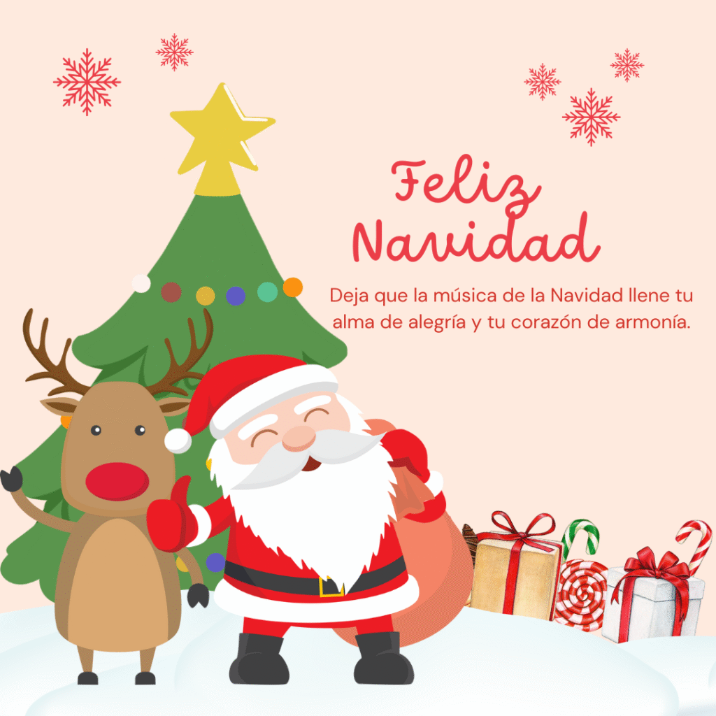 Santa Claus y su reno frente a un árbol decorado con regalos y dulces en Navidad 2025.