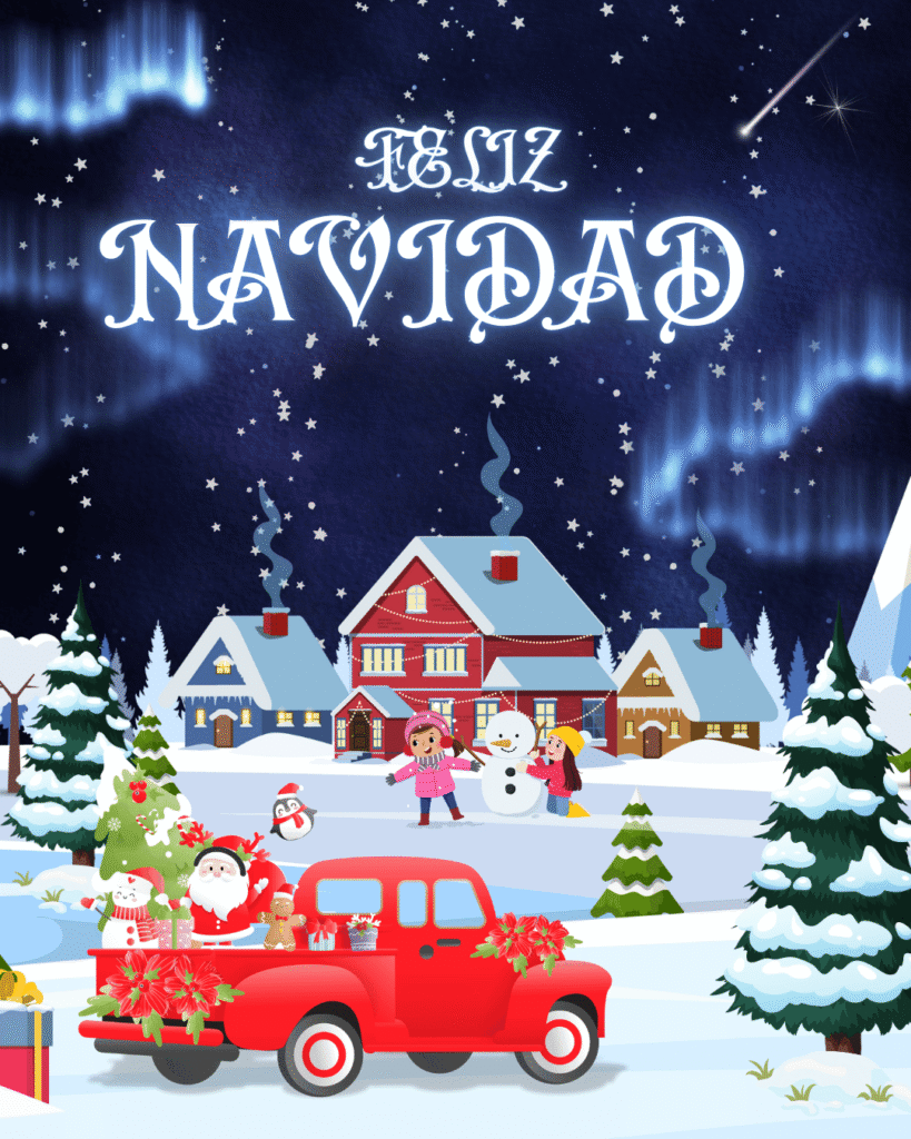 Pueblo nevado con Papá Noel y niños jugando en la nieve durante la Navidad 2025.