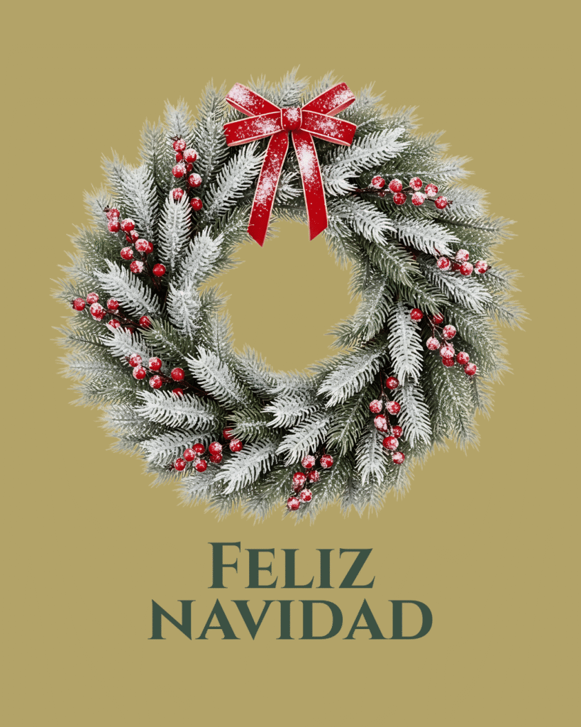feliz navidad imagen con corona nevada y fondo dorado