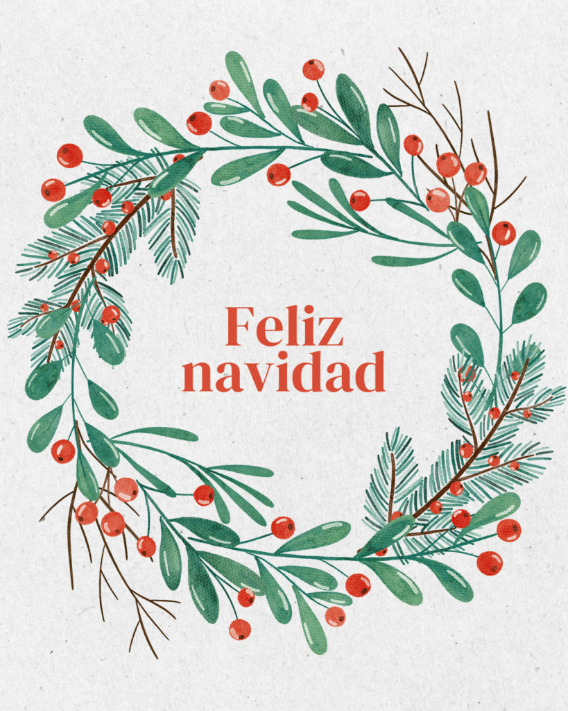 feliz navidad imagen con corona verde y bayas rojas