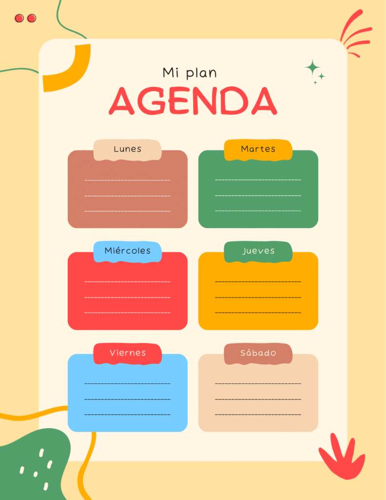 Agenda semanal para imprimir en PDF con espacio para organizar actividades diarias, tareas escolares y recordatorios.