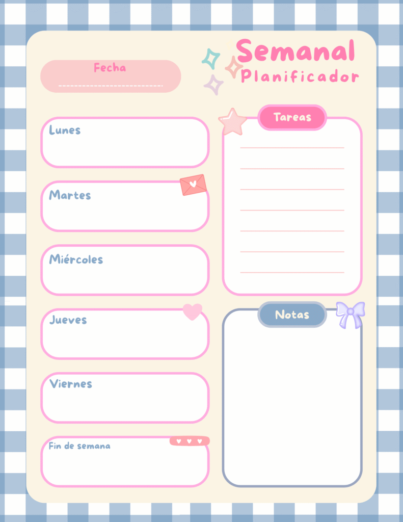 Planificador semanal en PDF gratis listo para imprimir y organizar la semana.