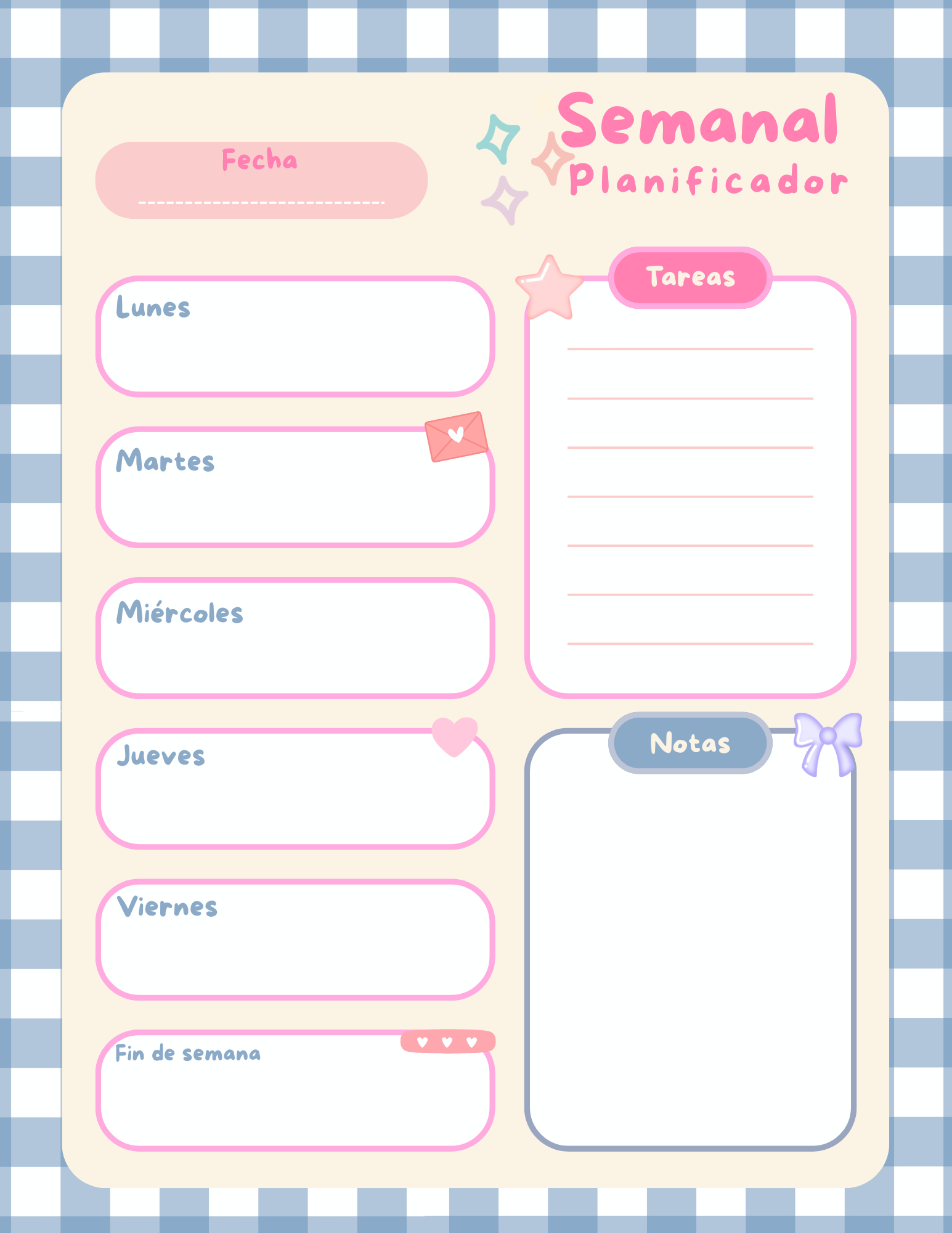 Planificador semanal en PDF para imprimir con espacios para organizar tareas, actividades, fin de semana y notas.
