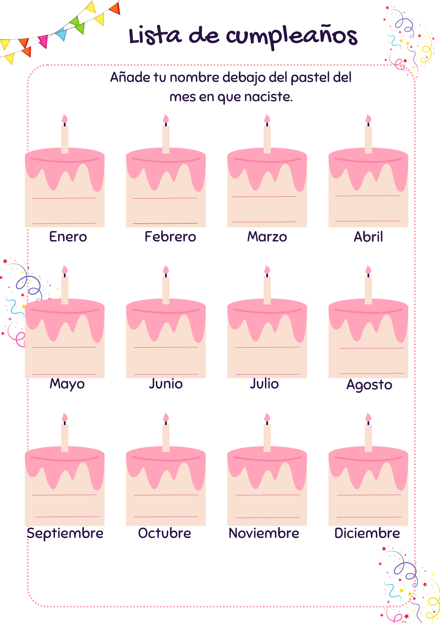 Calendario de cumpleaños infantil con pasteles para imprimir, ideal para registrar los cumpleaños de los niños por mes.