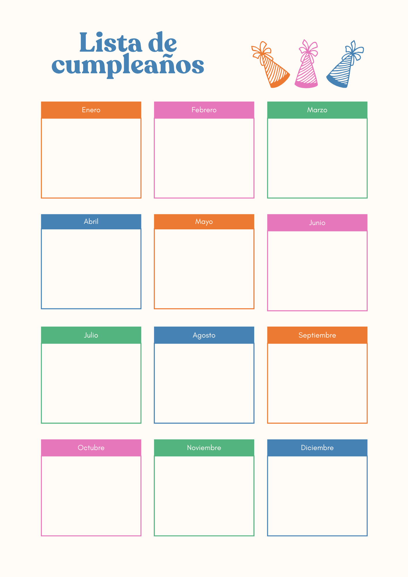 Calendario de cumpleaños para imprimir con diseño colorido y espacios para escribir los nombres de los niños en cada mes del año.
