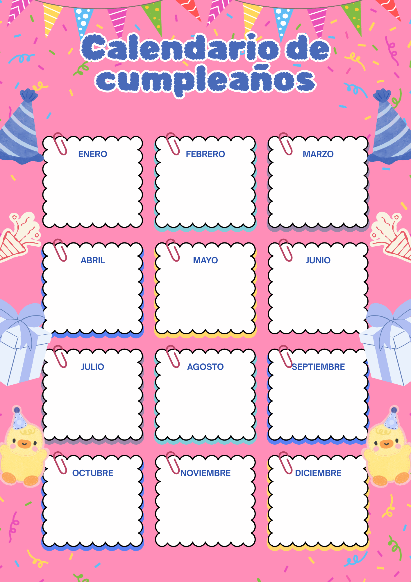 Calendario de cumpleaños para niños en PDF gratis con los 12 meses del año para escribir nombres y organizar cumpleaños en el aula.
