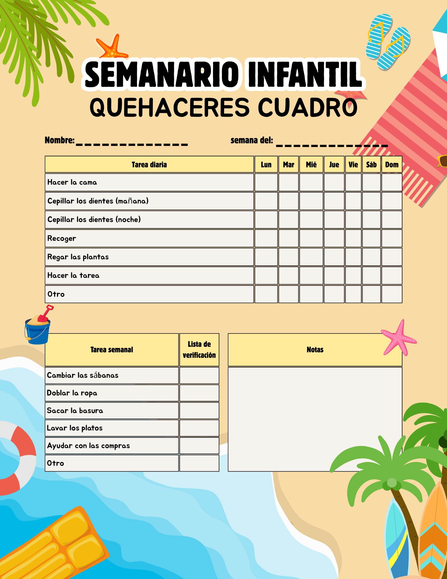 Cuadro semanal de quehaceres para niños con tareas diarias, lista de verificación y espacio para notas en PDF imprimible.