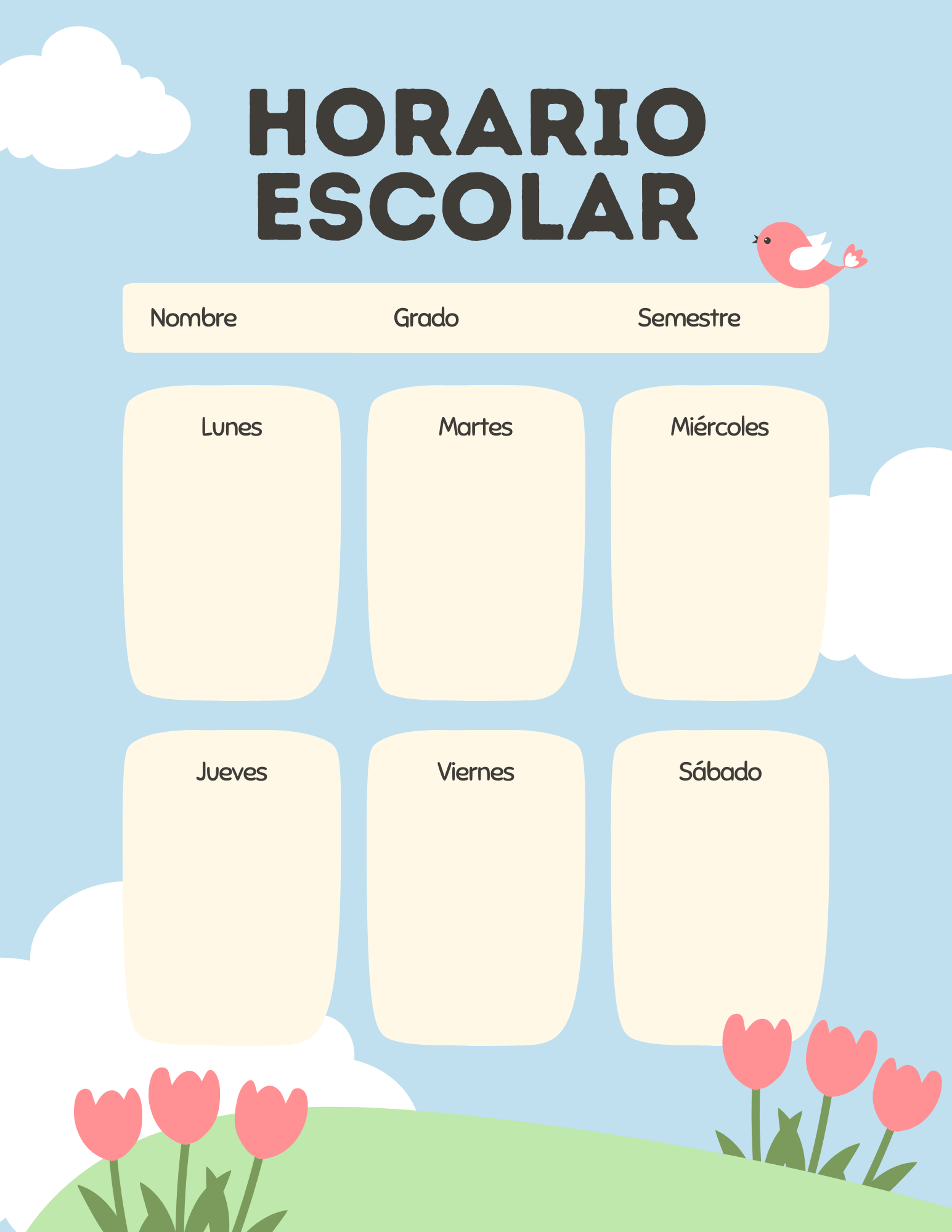 Horario de clases en inglés para imprimir en PDF con espacios para organizar las materias y el horario semanal de los estudiantes.