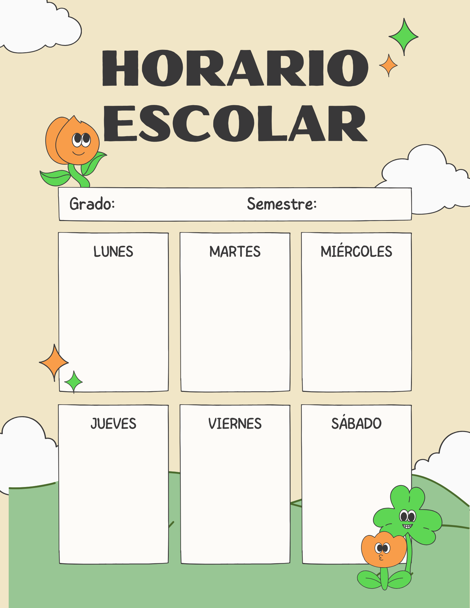 Horario de clases estilo cuaderno en PDF para imprimir y organizar las asignaturas de lunes a sábado.