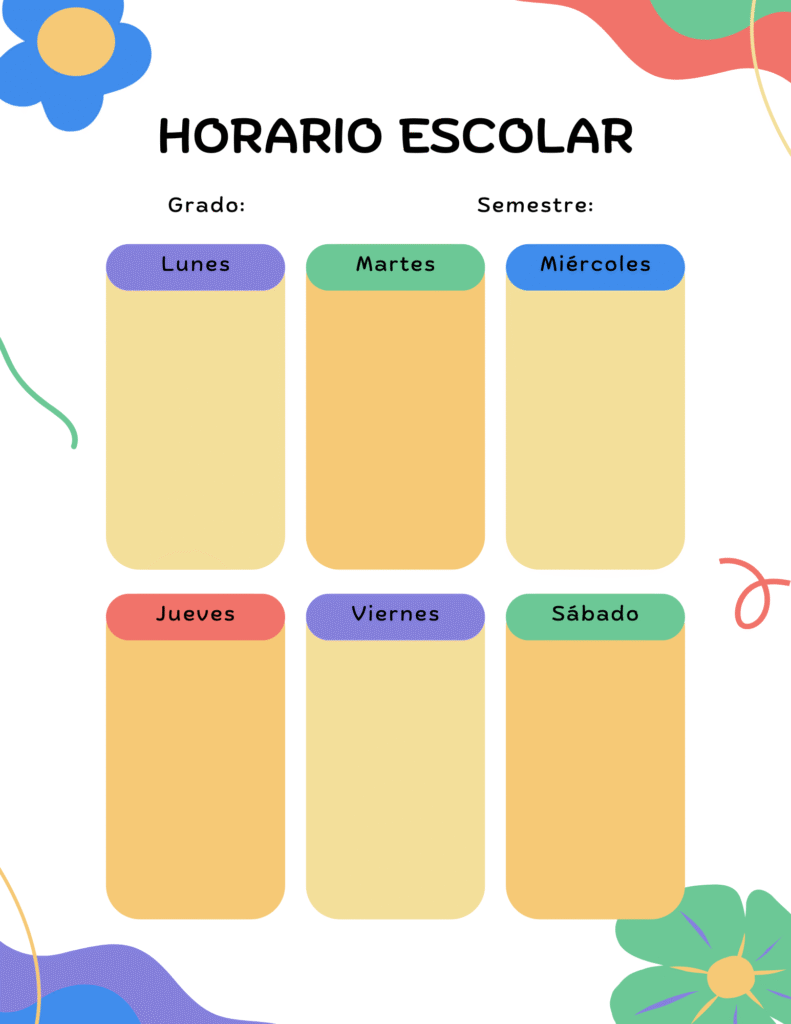 Horario de clases con espacios para grado, semestre y materias, ideal para estudiantes de primaria y secundaria.
