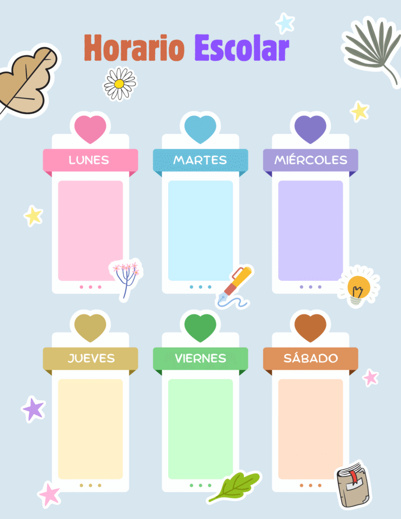 Horario de clases con diseño de corazones para imprimir y organizar el horario escolar de forma divertida.