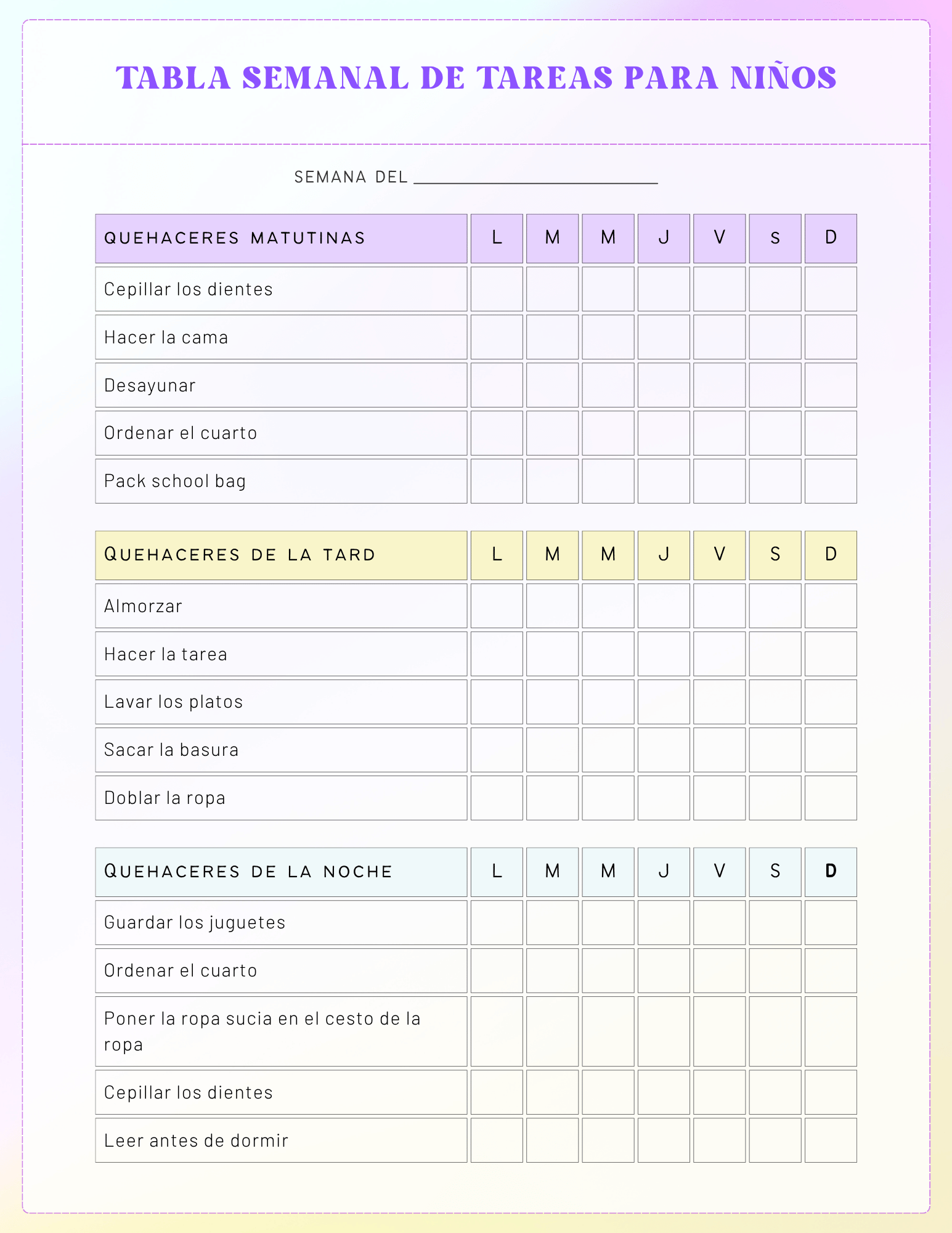Tabla de tareas para niños en PDF gratis con rutinas de mañana, tarde y noche para organizar las responsabilidades semanales.