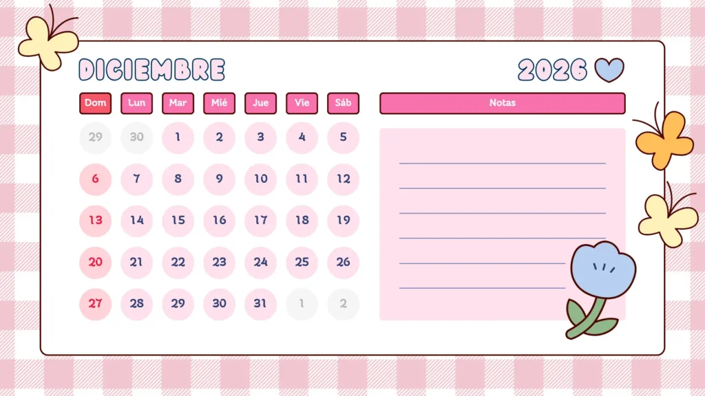 Calendario infantil diciembre 2026 rosa para imprimir