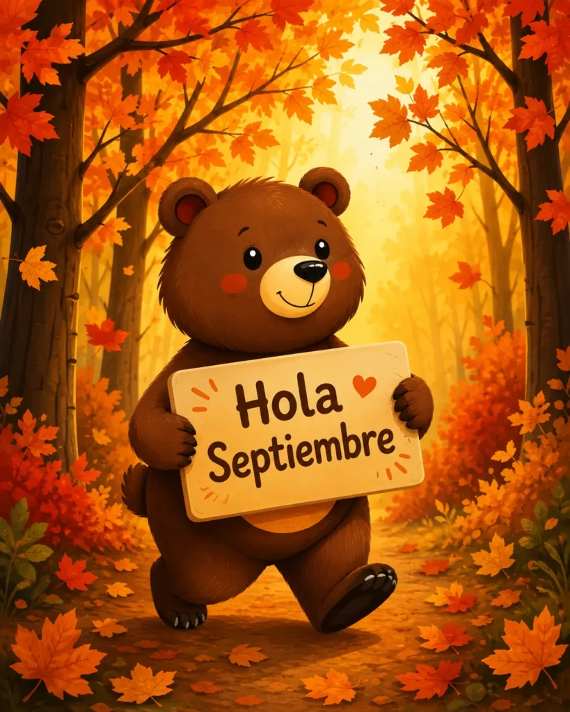Hola Septiembre con oso en un bosque de otoño.