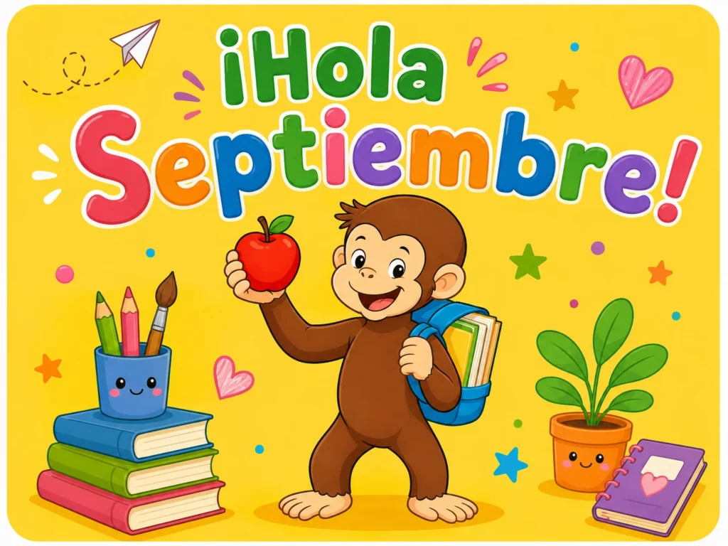 Hola Septiembre con mono, manzana, libros y útiles escolares.