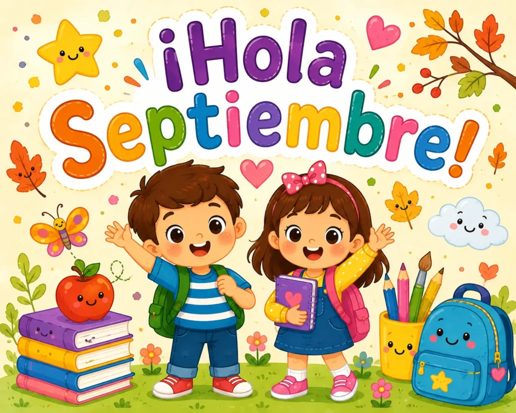 Hola Septiembre con mono escolar, manzana, libros y mochila.