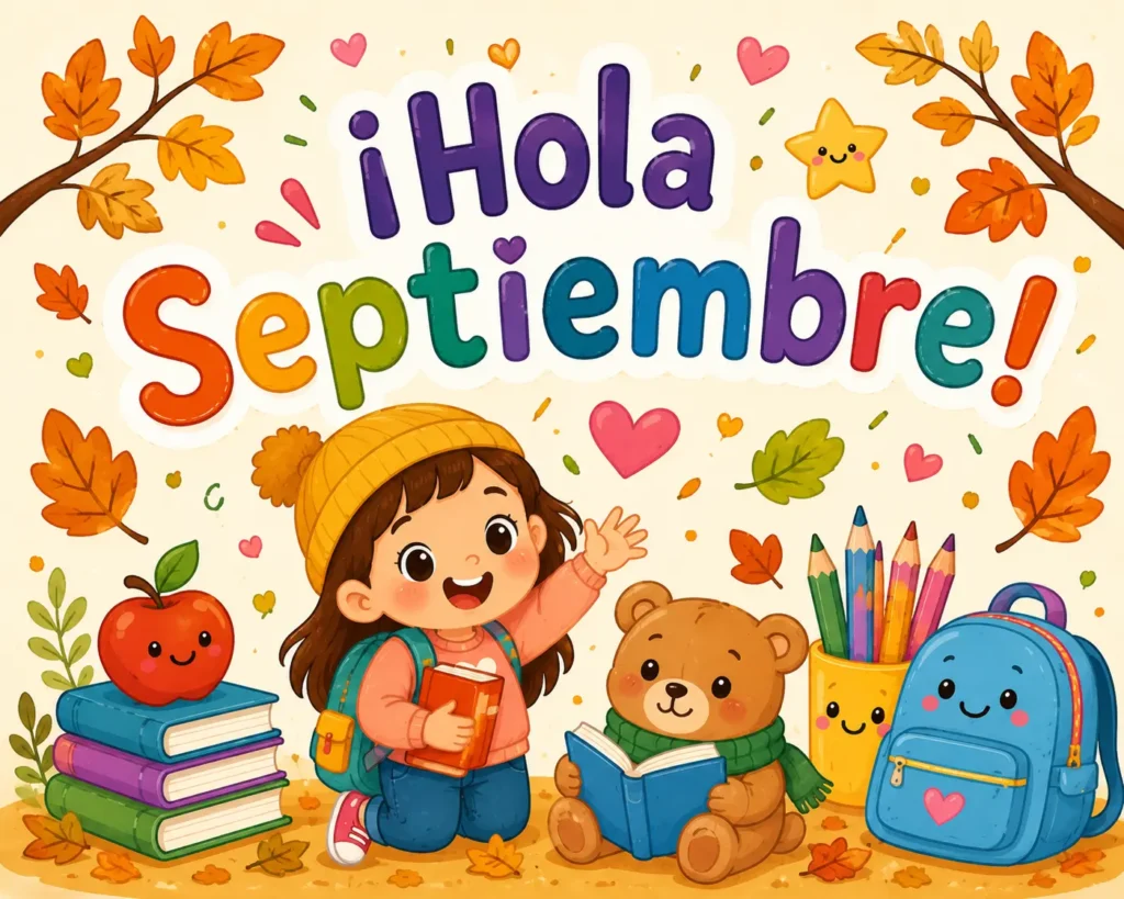 Hola Septiembre con niña, oso, libros y materiales escolares.