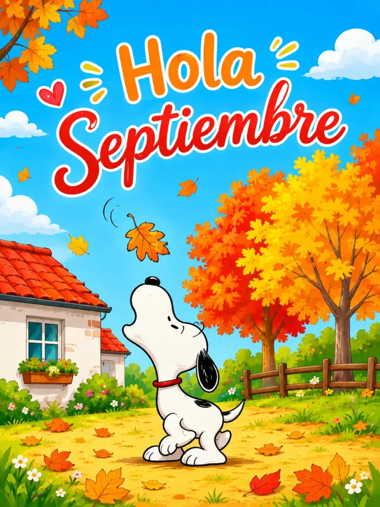 Hola Septiembre con perrito y paisaje de otoño.