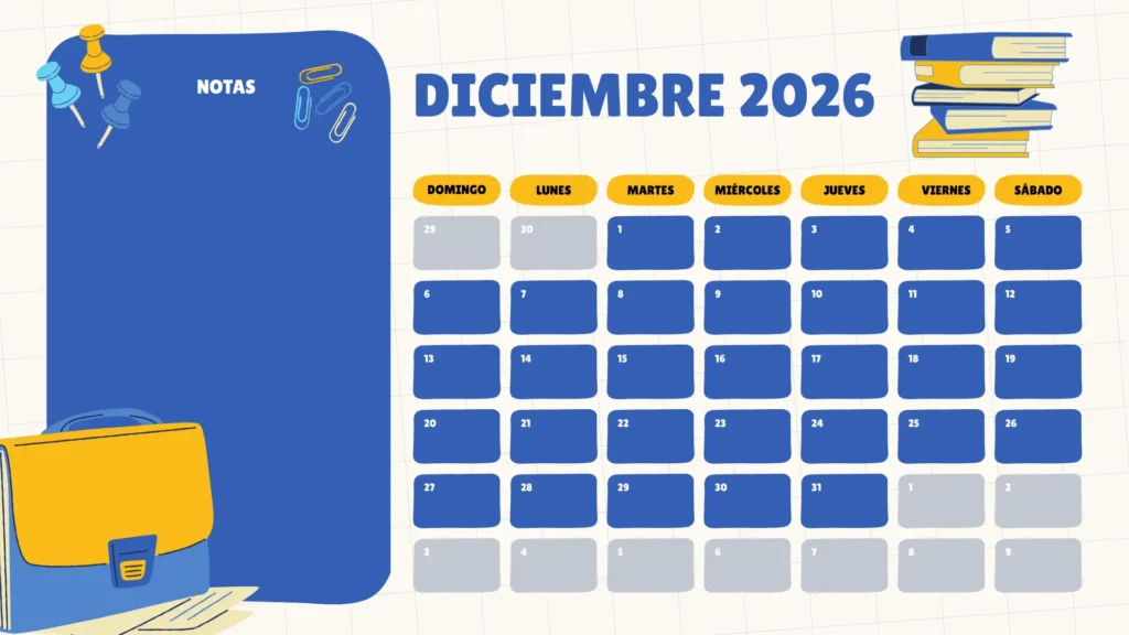 Calendario infantil diciembre 2026 azul y amarillo para imprimir