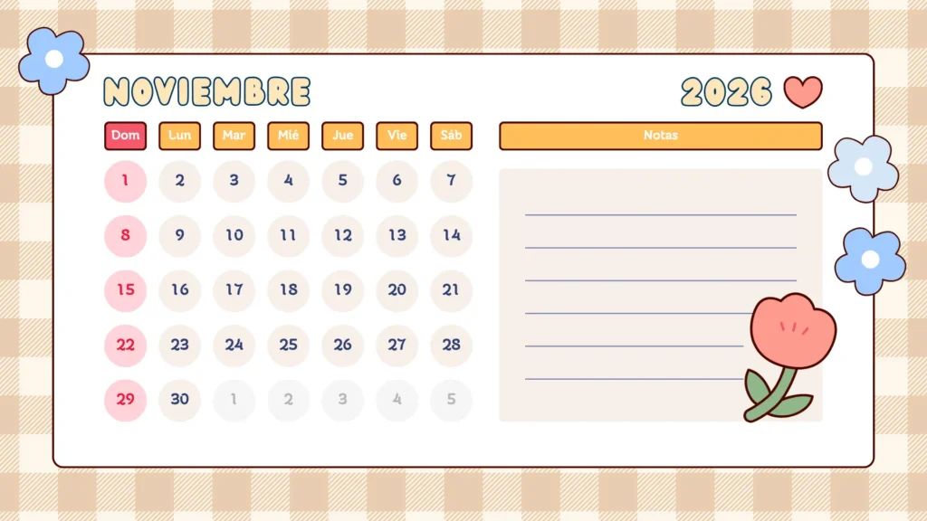 Calendario infantil noviembre 2026 para imprimir con flores y espacio para notas.