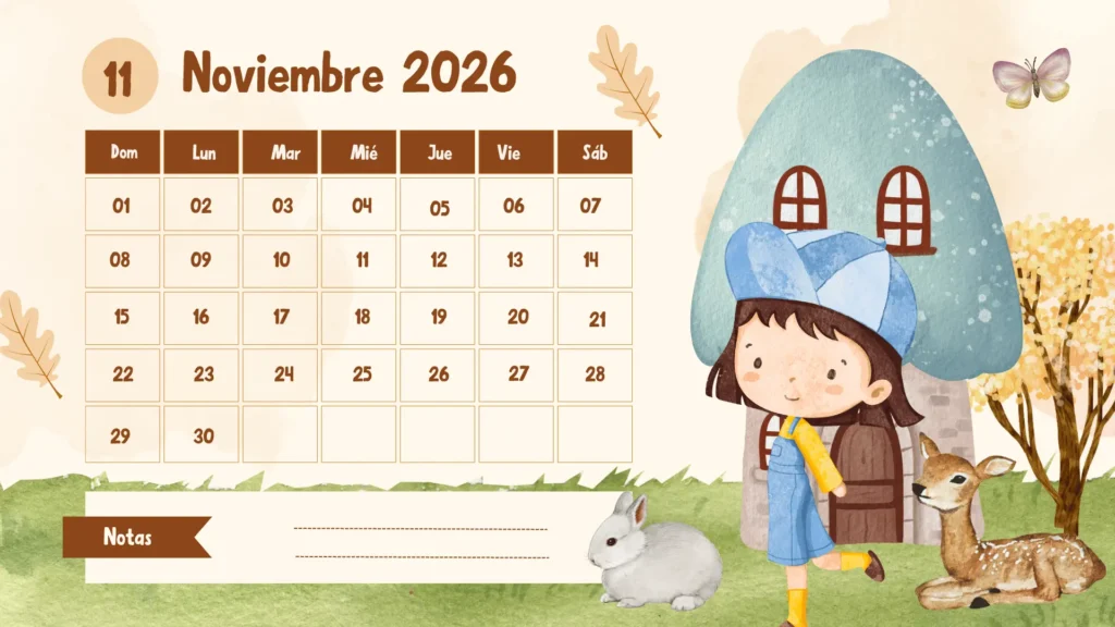 Calendario Infantil Noviembre 2026 para Imprimir