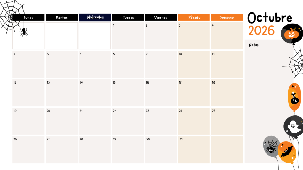 Calendario infantil octubre 2026 con espacio para notas
